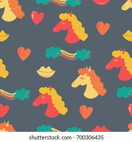 Cute seamless pattern with horse, heart, cloud, rainbow and lips. Vector illustration.