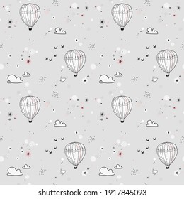 Patrón perfecto con globo de aire caliente en el cielo, fondo grisáceo suave e infantil. Perfecto para ropa de cama de tela infantil, papel pintado, papel envolvente, textil, estampado de camisetas. Ilustración vectorial dibujada a mano.