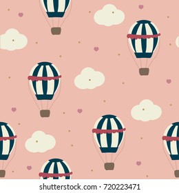 Cute seamless pattern with hot air balloons and clouds. Vector hand drawn illustration.