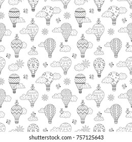 Cute seamless pattern with hot air balloons, birds, clouds and sun in black and white colors. Colored cartoon background for children. Vector