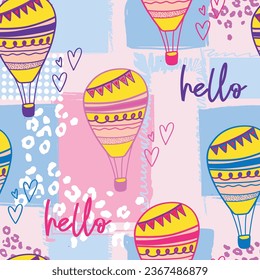 Cute seamless pattern with hot-air balloon flight in a gentle color for girls, textiles, printed T-shirts
