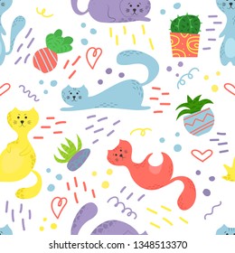 Cute seamless pattern with house plants, cats and doodles. Flowers in a pots. Hygge home. Vector background design.