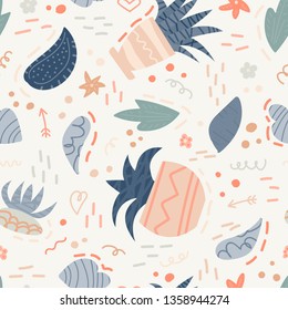 Cute seamless pattern with house plants and doodles. Flowers in a pots. Hygge home. Vector background design.