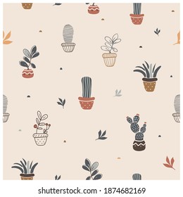 Cute  seamless pattern with house plants in pots. Hand drawn vector illustration.