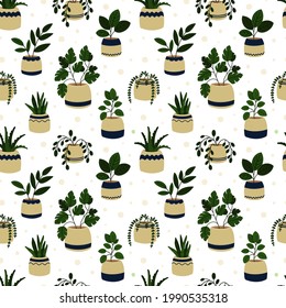 Patrón impecable con plantas domésticas en macetas. Ilustración vectorial dibujada a mano.
