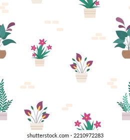 Cute seamless pattern with house plants in pots. Trendy vector print plants in flat style. Use for fabric, wallpaper, wrapping.