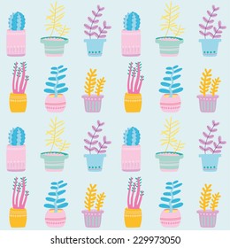 Cute seamless pattern with house plants in pots. Cute floral ornament in cartoon style.