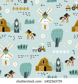 Cute seamless pattern with house, trees, horses, mills and floral. Perfect for kids fabric, textile, nursery wallpaper. Seamless landscape. Europe nature landscape concept. 