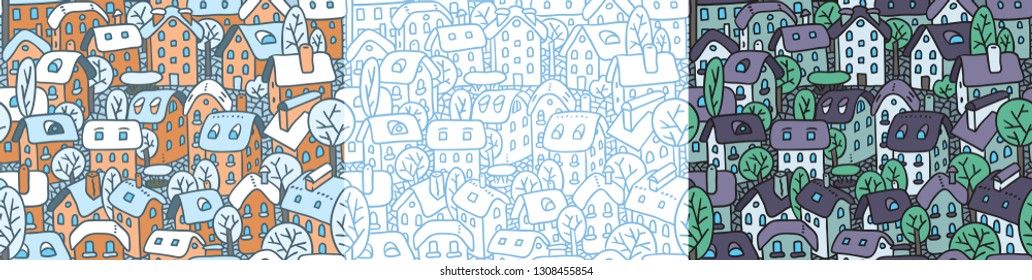 Cute seamless pattern with houses and courtyards