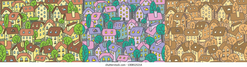 Cute seamless pattern with houses and courtyards
