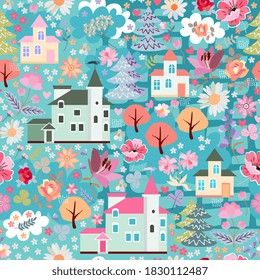 Cute seamless pattern with houses in fairy forest with trees and flowers. 