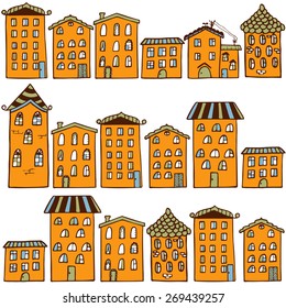 Cute seamless pattern with houses. Home sweet home. Vector illustration