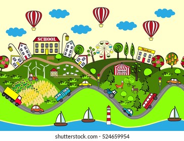 Cute seamless pattern with houses, sea, roads, forest, wing turbines, gardens, cars, and attraction. Design for mats, books games and other kids development