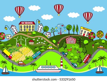 Cute seamless pattern with houses, sea, roads, forest, wing turbines, gardens, cars, and attraction. Design for mats, books games and other kids development.
