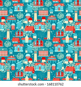 Cute seamless pattern with houses and trees, vector illustration