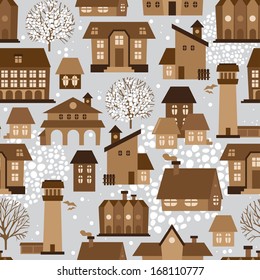 Cute seamless pattern with houses and trees, vector illustration