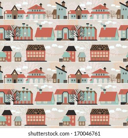 Cute seamless pattern with houses and trees, vector illustration