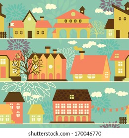 Cute seamless pattern with houses and trees, vector illustration