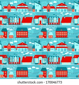 Cute seamless pattern with houses and trees, vector illustration