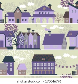 Cute seamless pattern with houses and trees, vector illustration