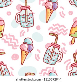Cute seamless pattern with ice cream, cocktails with straw and abstract background with waves, zig zags, shapes, and doodles. Hand drawn tile art design for background, endless texture