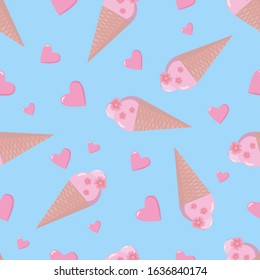 Cute seamless pattern-  ice cream with hearts. Vector illustration for wrapping paper, textile, fabric. Valentines day pattern.