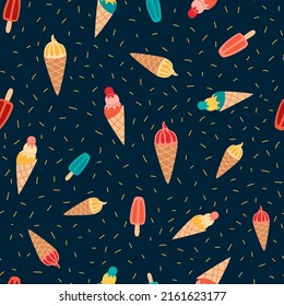 Cute seamless pattern with ice cream. Fresh bright colors on the dark blue background. Vector illustration. Use for wallpaper, print packaging paper, baby fabrics