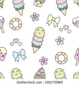 Cute seamless pattern ice cream emotion face in pastel theme decorate with sweet summer elements.