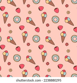 cute seamless pattern with ice cream, donut, strawberry and flowers