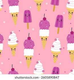 Cute seamless pattern with ice cream on a pink background. Vector graphics