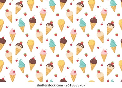 Cute seamless pattern with ice cream cone with different flavors, strawberry and cherry. Design for packaging, fabric, clothes, postcards. Vector illustration