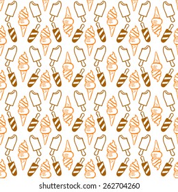 Cute seamless pattern with ice cream hand drawn in vector. Great for wrapping paper, textiles, dessert menu and other food designs.Vector illustration.