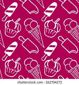 Cute seamless pattern with ice cream hand drawn in vector. Great for wrapping paper, textiles, dessert menu and other food designs.Vector illustration.