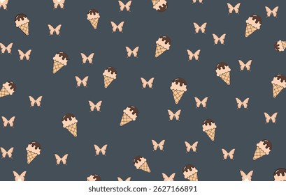 Cute seamless pattern with ice cream cones and butterflies on a dark blue background. Ideal for kids' designs, textiles, and wallpapers.