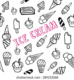Cute seamless pattern with ice cream hand drawn in vector. Great for wrapping paper, textiles, dessert menu and other food designs.Vector illustration.