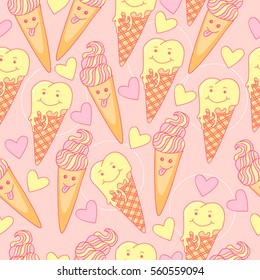 Cute seamless pattern with ice cream and hearts on a pink background. Funny cartoon illustration.