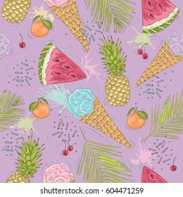 Cute seamless pattern with ice creams, pineapples. Vector background with sweets and fruit. 
