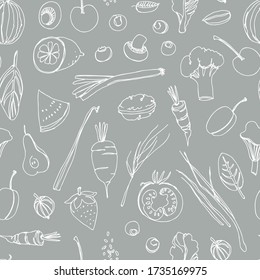 Cute seamless pattern illustration of different veggies. Vector texture. Vegetarian healthy food. Vegan, farm. Grey background.