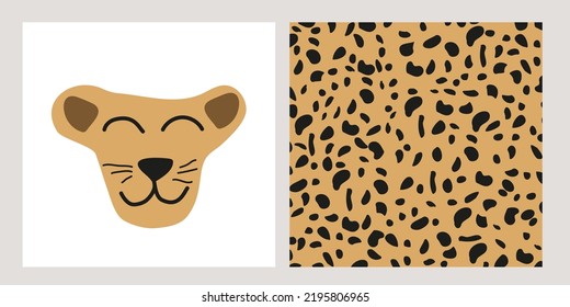 Cute Cheetah Face With Seamless Pattern. Illustration for Kids Poster, Nursery Wall Art, Card, Invitation, Birthday, Clothes. Vector illustration.