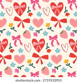 A cute seamless pattern with illustrations of a heart, flower, strawberry, and bow. A lovely Valentine's Day background. A romantic design for wrapping paper or fabric. Vector.