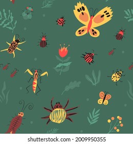 Cute seamless pattern with insects and flowers. Summer green field with beetles, flowers, butterflys, spider, ants, mantis, ladybug. Vector illustration isolated on green background.