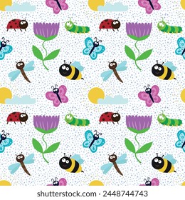 Cute seamless pattern with insects and flowers. A design element for printing on fabric. Bees, ladybugs, butterflies, caterpillars, dragonflies and plants.  Cartoon flat vector illustration