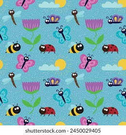 Cute seamless pattern with insects and flowers. A design element for printing on fabric. Bees, ladybugs, butterflies, caterpillars, dragonflies and plants.  Cartoon flat vector illustration