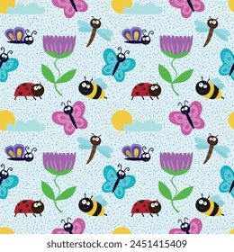 Cute seamless pattern with insects and flowers. A design element for printing on fabric. Bees, ladybugs, butterflies, caterpillars, dragonflies and plants.  Cartoon flat vector illustration