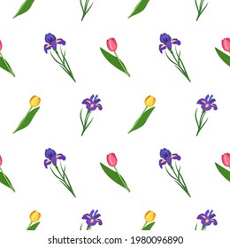 Nahtloses Muster von Iris und Tulpen. Heller Frühling- und Sommerdruck mit grünen Blättern. Feriendekorationen und Elemente für Karten, Hochzeiten, Feiertage und Design. Vektorflache Illustration.
