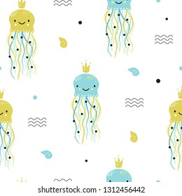 Cute seamless pattern with jellyfish. Blue and gold seashells, waves. Vector childish illustration on white background. Printing on fabric, wallpaper, textiles, clothing, paper. Sea princess.