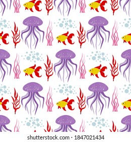 
Cute seamless pattern with jellyfish, goldfish, seaweed and sea splashes on a white background. Sea animals in a flat style. Cartoon wildlife for web pages.
Stock vector illustration for decor