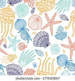 Cute seamless pattern with jellyfish, shells, fish, starfish and algae.
