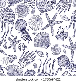 Cute seamless pattern with jellyfish, shells, fish, starfish and algae.