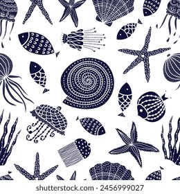  Cute seamless pattern with jellyfish, shells, fish, starfish and algae.